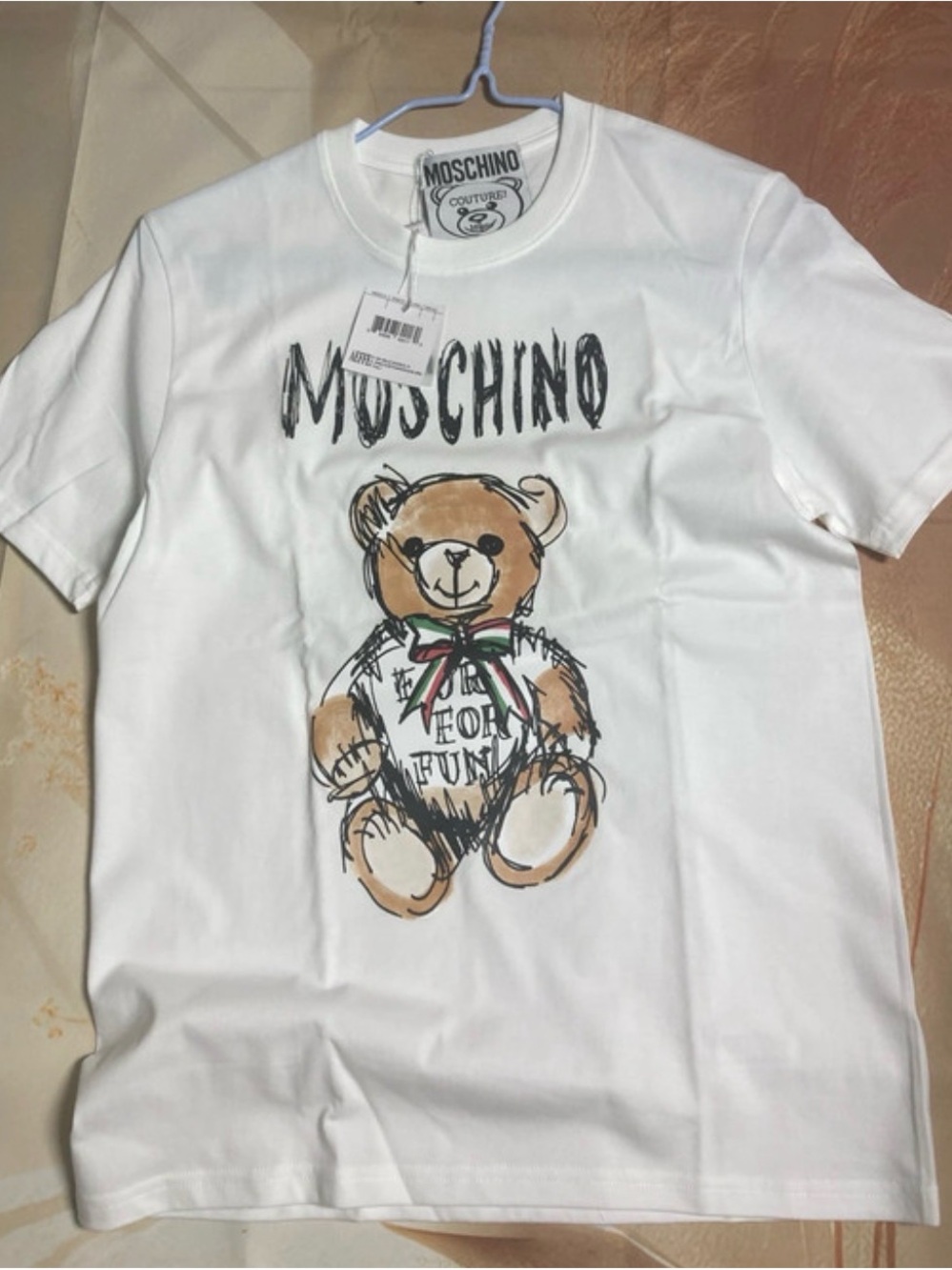Moschino White Teddy Bear Sketch Graphic Tee with Brown Accent